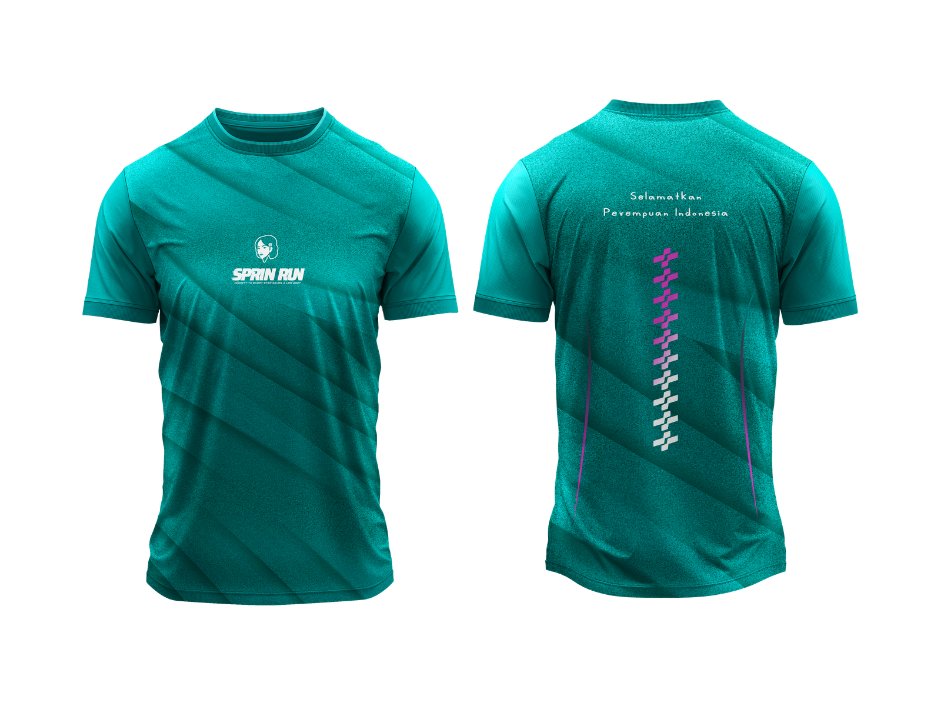 Desain jersey event Sprin Run 2027 berwarna toska, tampak depan dan belakang.