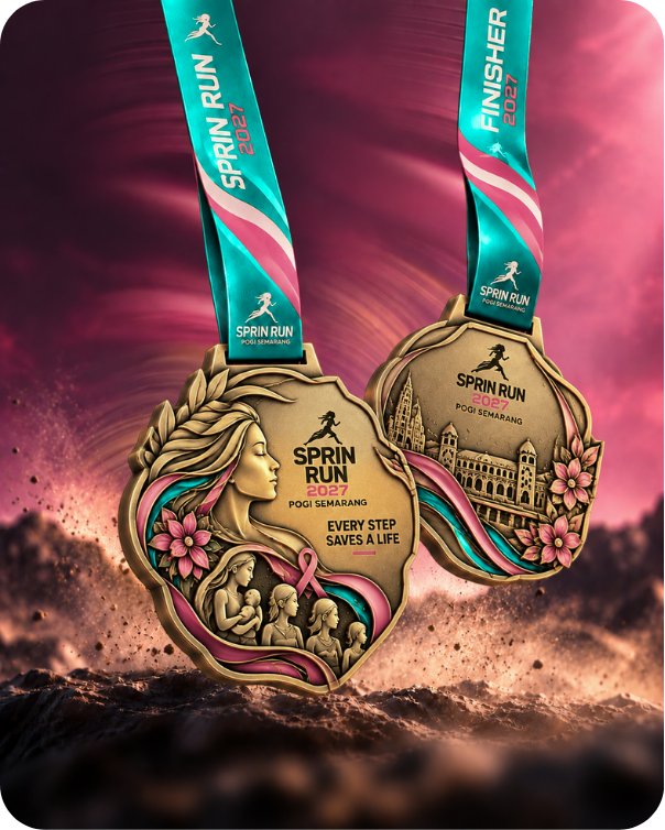 Desain medali finisher Sprin Run 2027 dengan pita toska dan ilustrasi perjuangan perempuan.