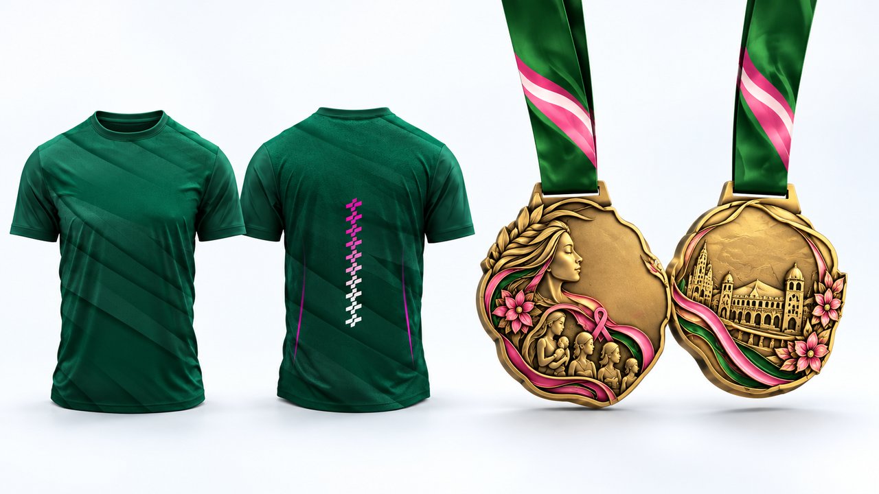 Kaos event Sprin Run berwarna hijau serta medali finisher dengan pita hijau dan pink.